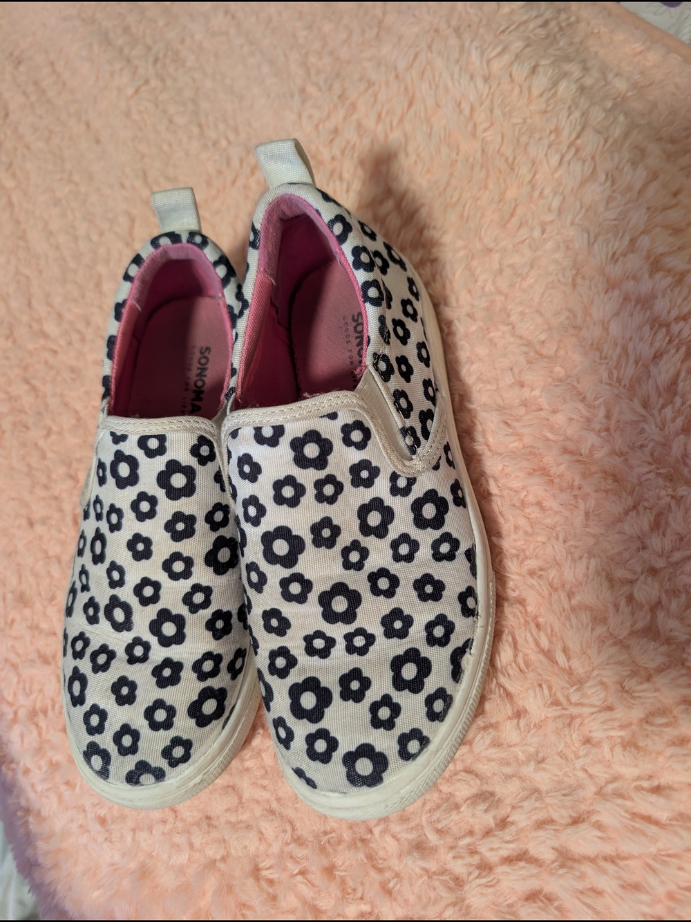 Sonoma Girls' White Slip-On Sneakers with Black Floral Print and Pink Lining